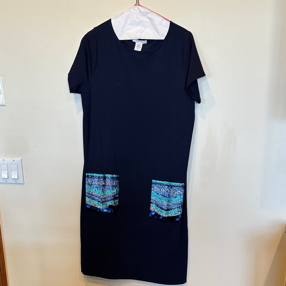 “Joan Vass” Navy Dress with Blue Sequin Pockets-New